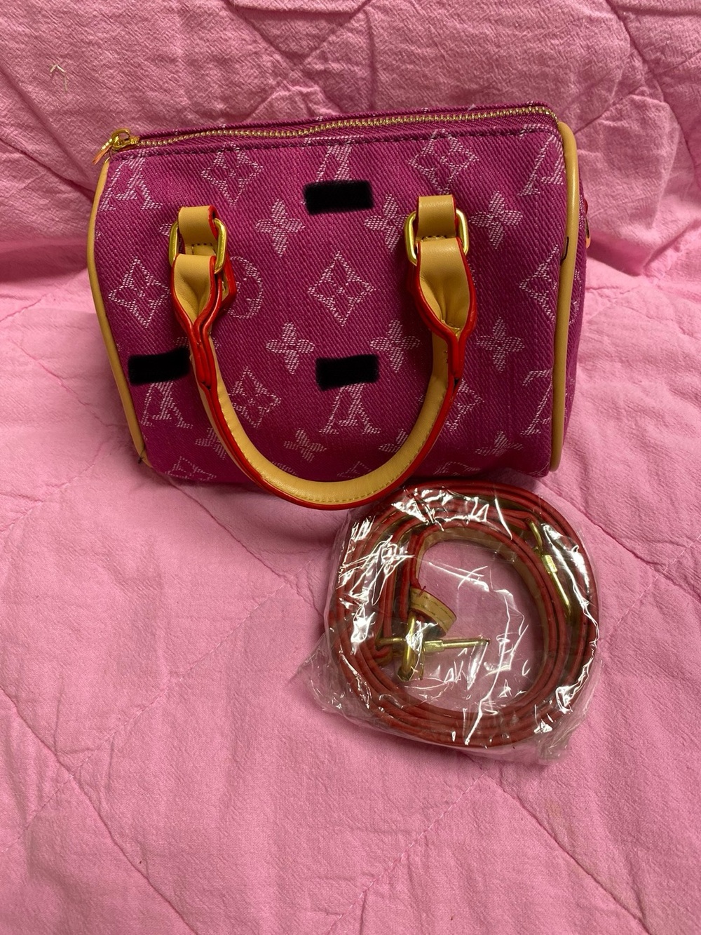 Luxury Pink Monogram Canvas Satchel with Yellow Trim